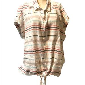 Weatherproof Vintage was able linen blouse top stripes button up tie size XXL